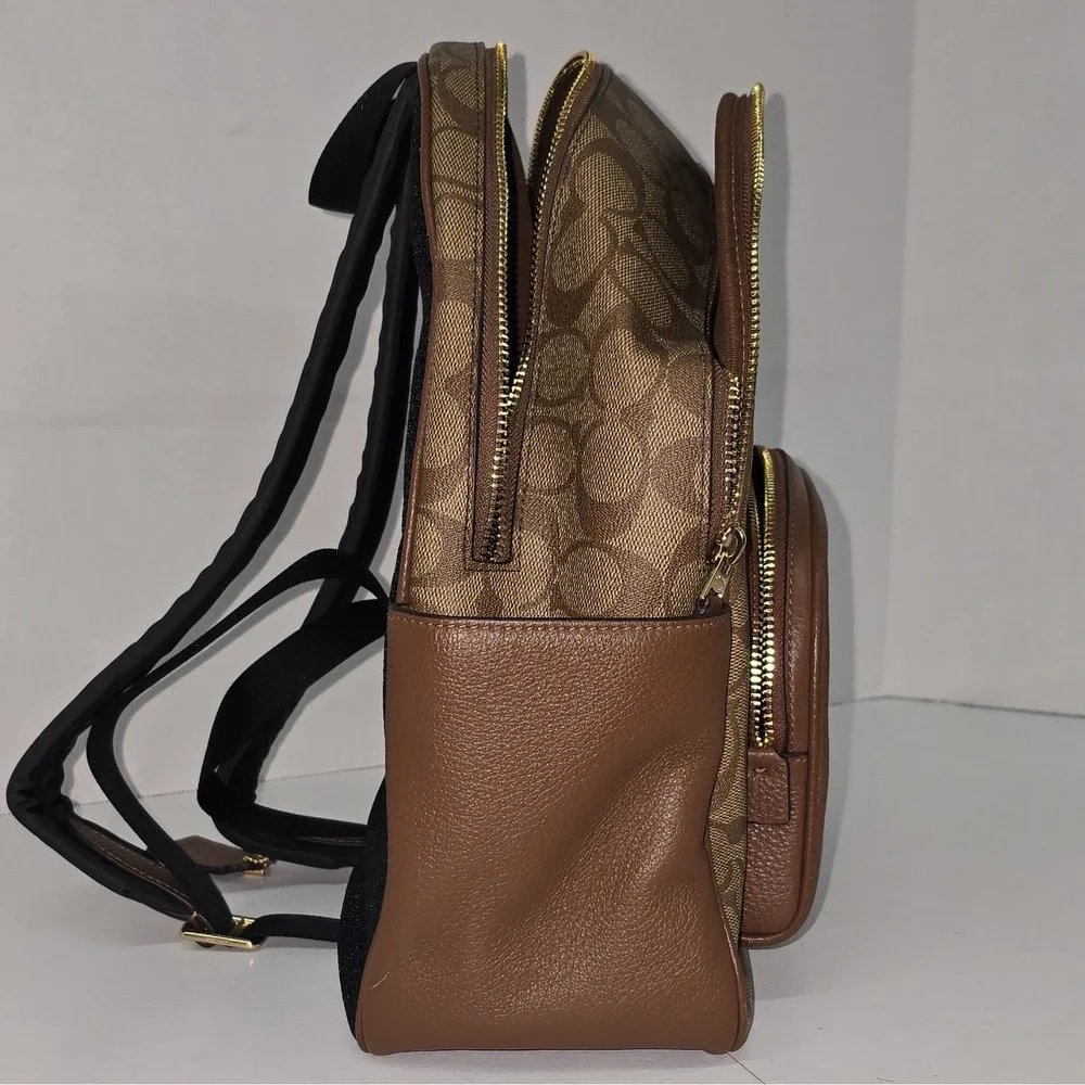 Coach Signature Backpack Brown Tan Gold Hardware Zip Closure Front Zip Pocket